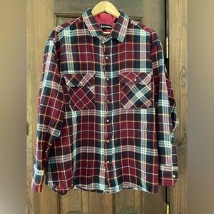 Vintage Timber Ridge Men’s Flannel Shirt Button Up Burgundy Blue Plaid Size XXL